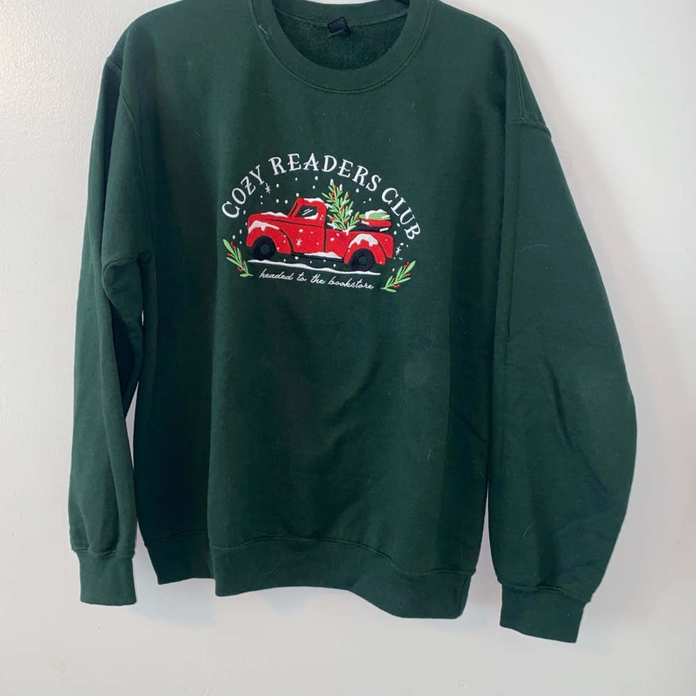 “Cozy Readers Club” Custom Embroidered Green Crewneck Sweater